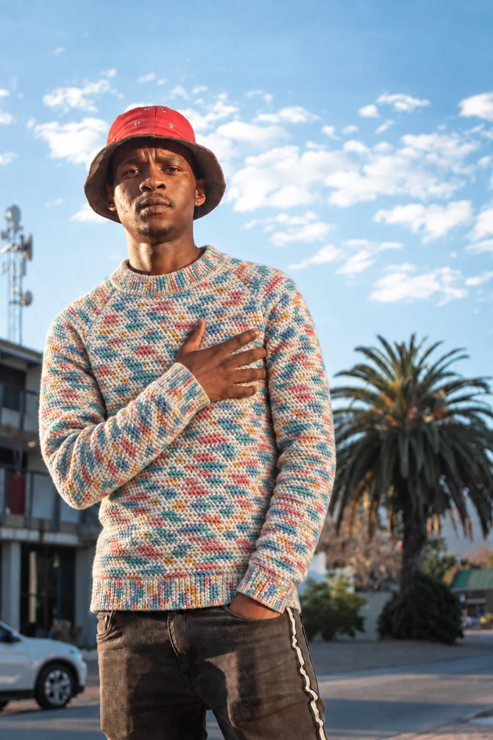 Sunday Club men’s crochet raglan sweater with colourful herringbone texture